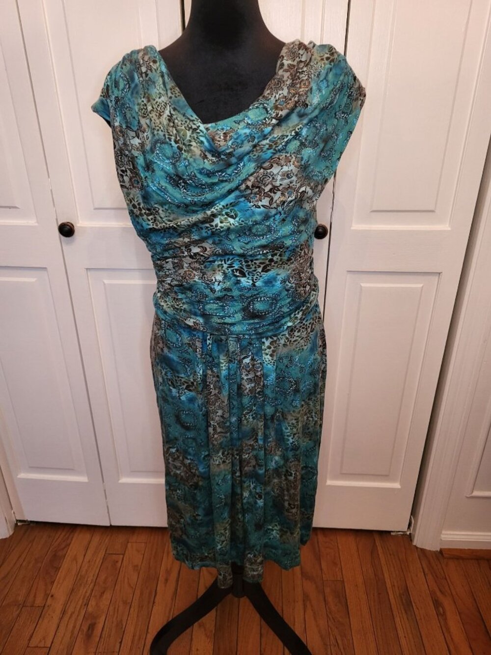Perceptions Turquoise Brown Mixed Print Dress 16 Draped Neck Ruching Whimsygoth